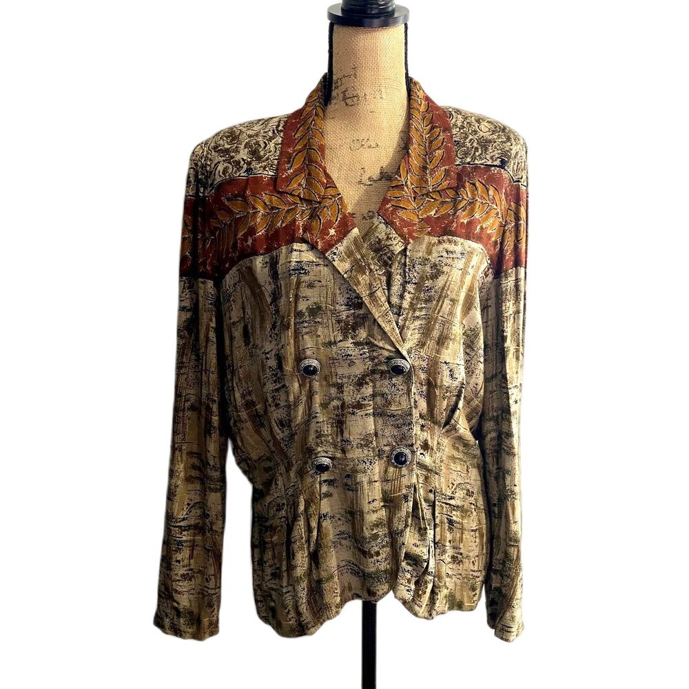 Rabbit‎ Designs Vintage Rayon Double Breasted Light Blazer Earth Tones Size 12
